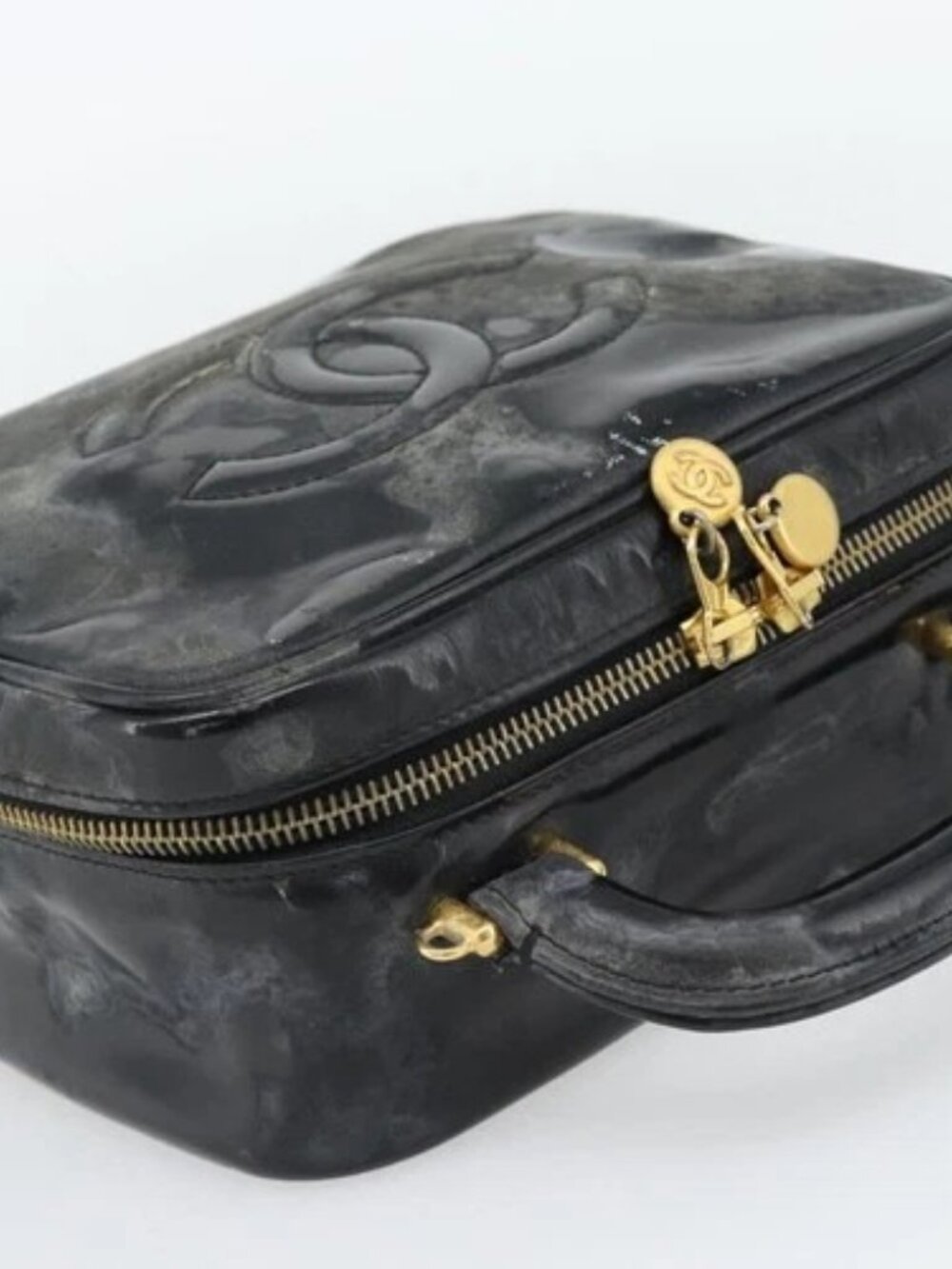 CHANEL COCO Mark Vanity Hand Bag Patent leather Black Gold CC Auth 181661 - Picture 6 of 16